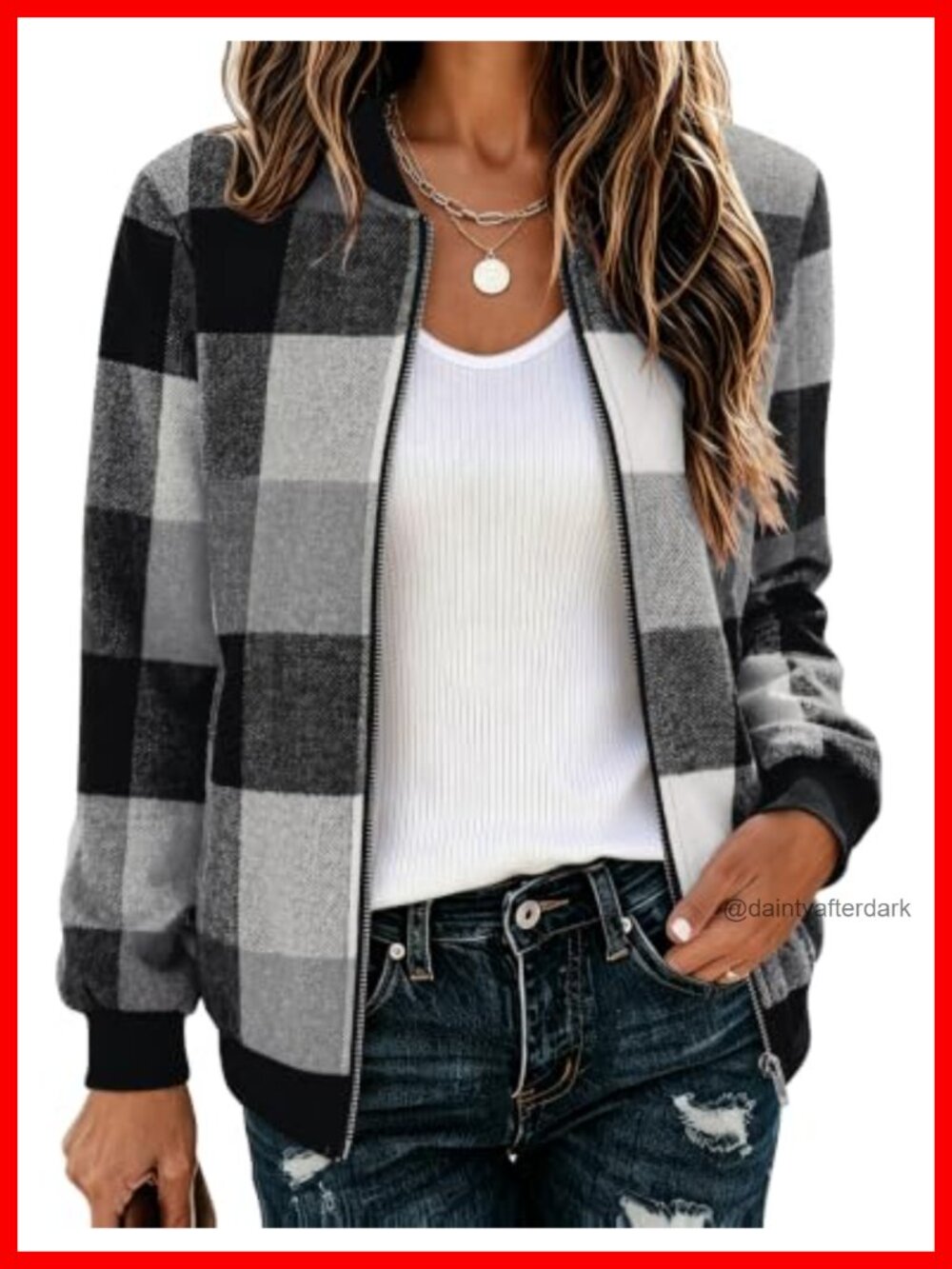 Women's Lightweight Bomber Jacket Plaid Flannel Coat Full Zip